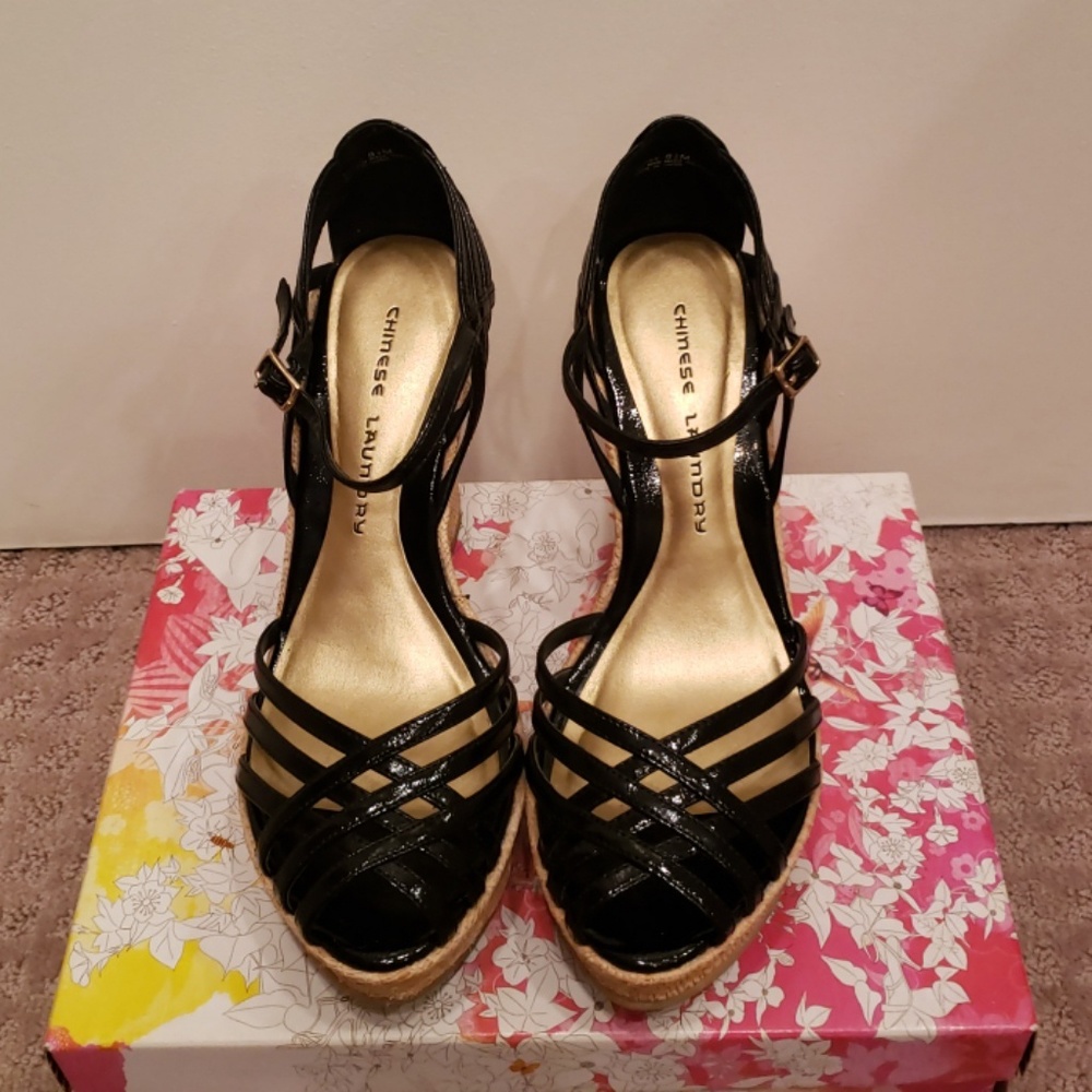 Black patent leather wedge sandal heels - size 8.5